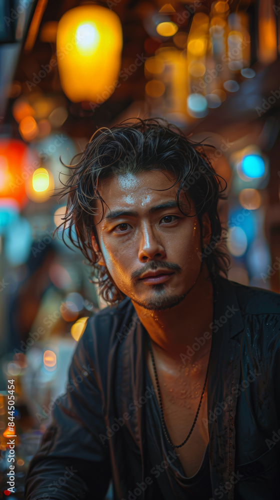 Man standing in front of a bar Man standing in front of a bar
