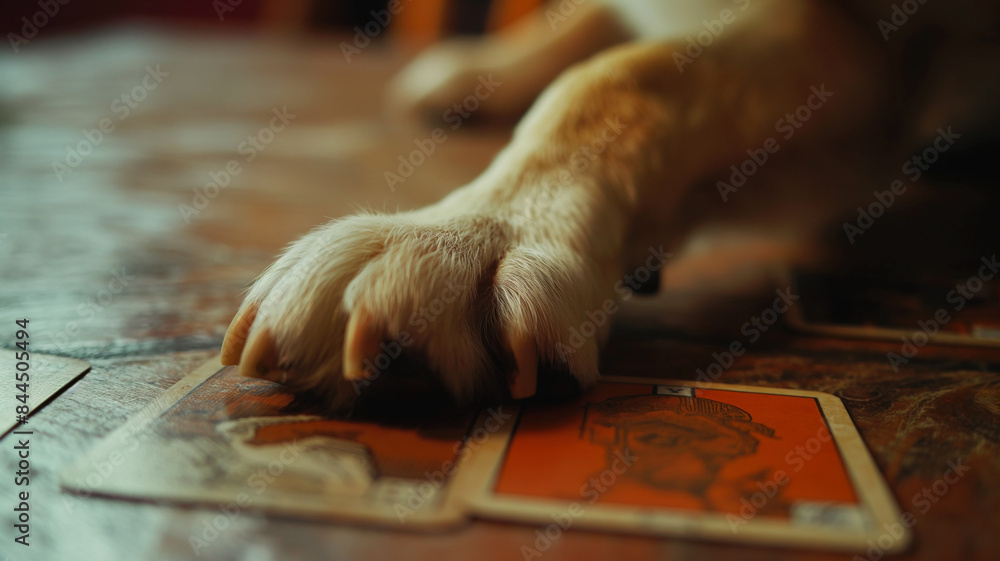 Obraz premium Dog placing its paw on tarot cards. Fortune telling and witchcraft concept.