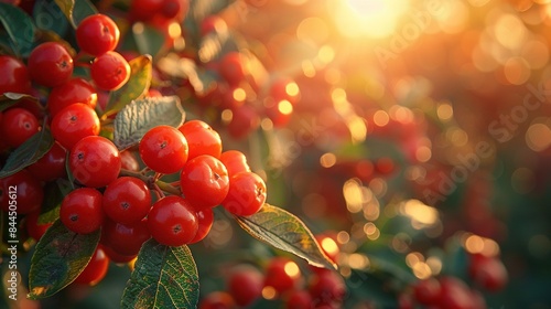   A close-up of berries on a tree under the sun's rays with the fruit remaining intact photo