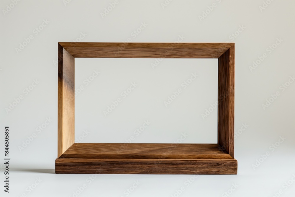 High-quality, empty wooden picture frame with a built-in stand, showcased against a clean, light-colored, uncluttered background for versatile use High-quality, empty wooden picture frame with a built-in stand, showcased against a clean, light-colored, uncluttered background for versatile use