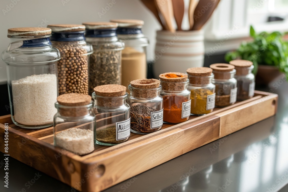 Sleek wooden spice rack filled with labeled jars of various spices displayed neatly on a contemporary kitchen countertop Sleek wooden spice rack filled with labeled jars of various spices displayed neatly on a contemporary kitchen countertop