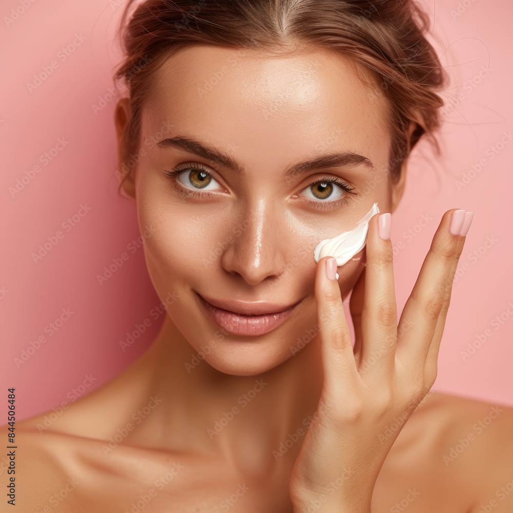 Woman applying white face cream Woman applying white face cream