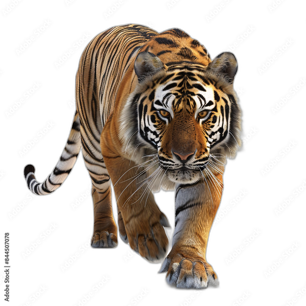 Obraz premium A realistic 3D tiger with striped fur and sharp eyes, prowling on a white background