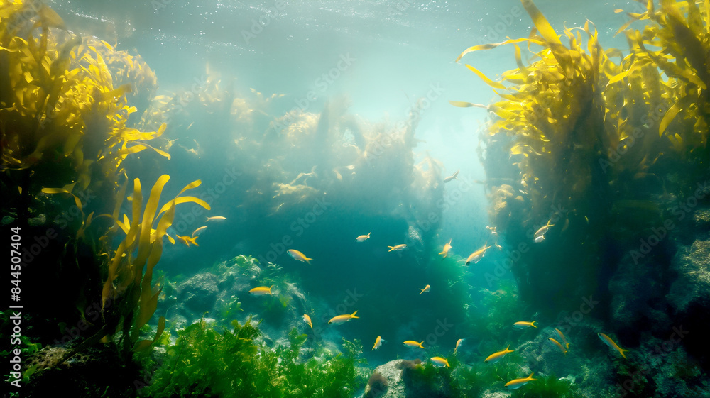 Fototapeta premium Kelp farm in the ocean, fish swimming with giant seaweed, vibrant colors of green and yellow, underwater photography
