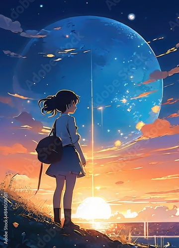 illustration of a lone person at night by moonlight in anime and cartoon style.