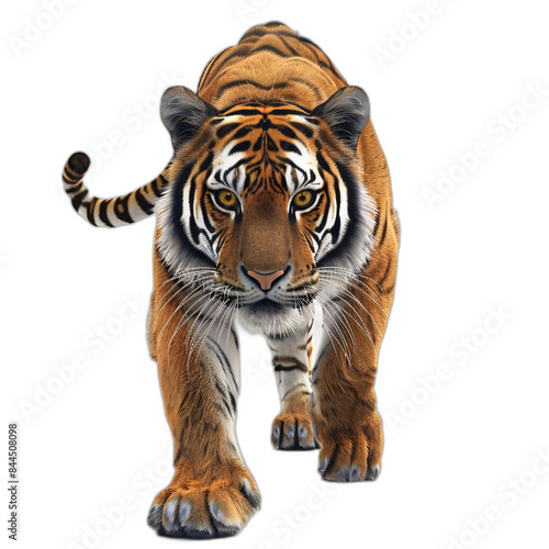 A realistic 3D tiger with striped fur and sharp eyes, prowling on a white background