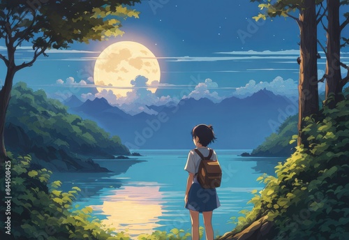 illustration of a lone person at night by moonlight in anime and cartoon style.