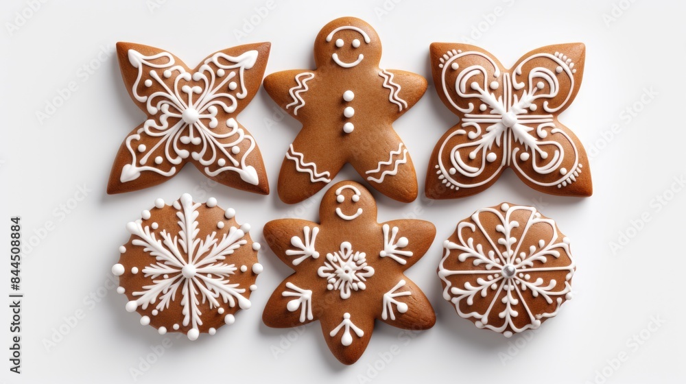 Festive Gingerbread Cookies Decoration on White Background Festive Gingerbread Cookies Decoration on White Background
