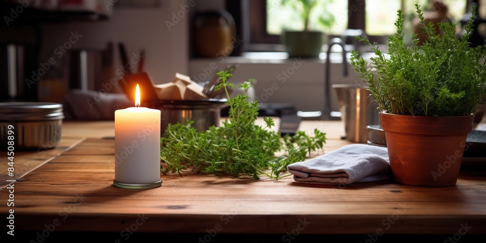 Aroma relaxing soy wax candle in the kitchen on a table with basilic leaves concept scene Aroma relaxing soy wax candle in the kitchen on a table with basilic leaves concept scene