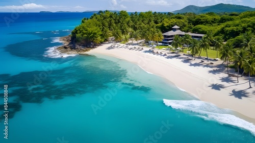 Aerial view of beautiful tropical beach at Seychelles.