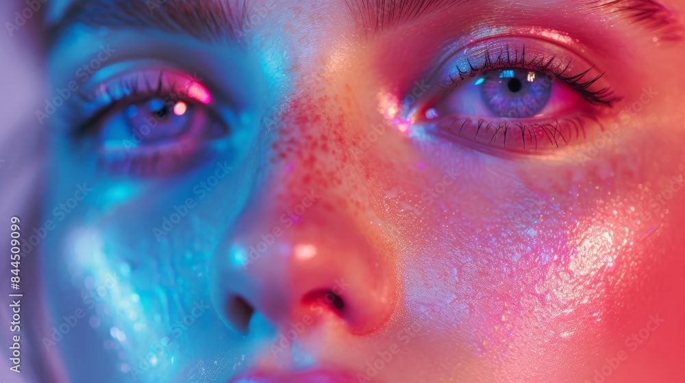 Close up of womans face with blue and pink makeup Close up of womans face with blue and pink makeup
