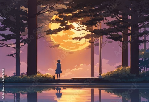 illustration of a lone person at night by moonlight in anime and cartoon style.