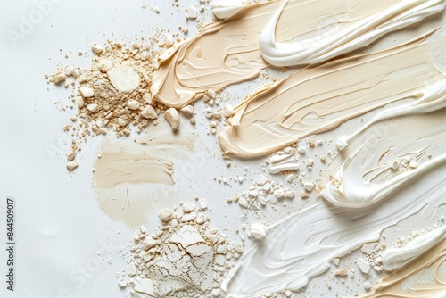 Cosmetic powder and cream in white and beige shades are swirled on a white surface