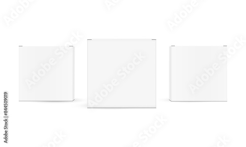Three Square Packaging Boxes, Front View, Isolated On White Background. Vector Illustration