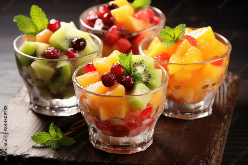 Colorful mixed fruit salad served in elegant glass bowls, garnished with mint Colorful mixed fruit salad served in elegant glass bowls, garnished with mint