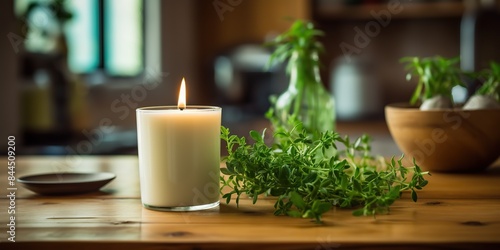 Aroma relaxing soy wax candle in the kitchen on a table with basilic leaves concept scene