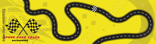Creative vector illusion of race track isolated on yellow background. Speed race track background design with sport car.
