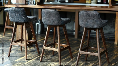   A pair of stools rests in front of a bar, with bottles of wine positioned behind it photo