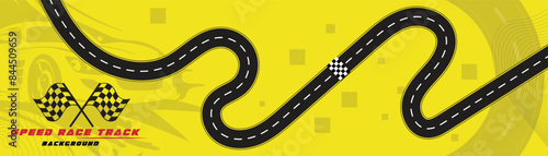 Creative vector illusion of race track isolated on yellow background. Speed race track background design with sport car.
