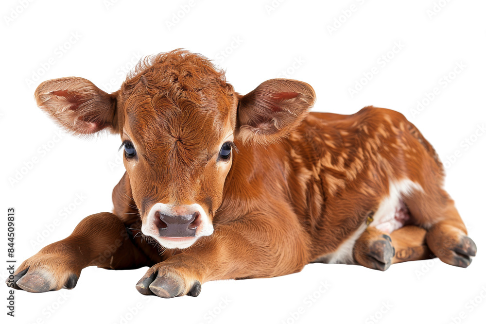 Adorable brown and white calf lying down on transparent background. Perfect for farm, nature, and animal themes . Adorable brown and white calf lying down on transparent background. Perfect for farm, nature, and animal themes .