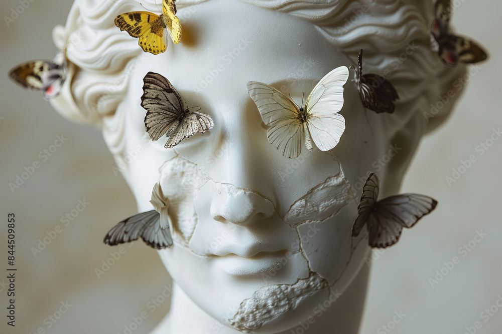 Ancient female sculpture with butterflies. Ancient female sculpture with butterflies.