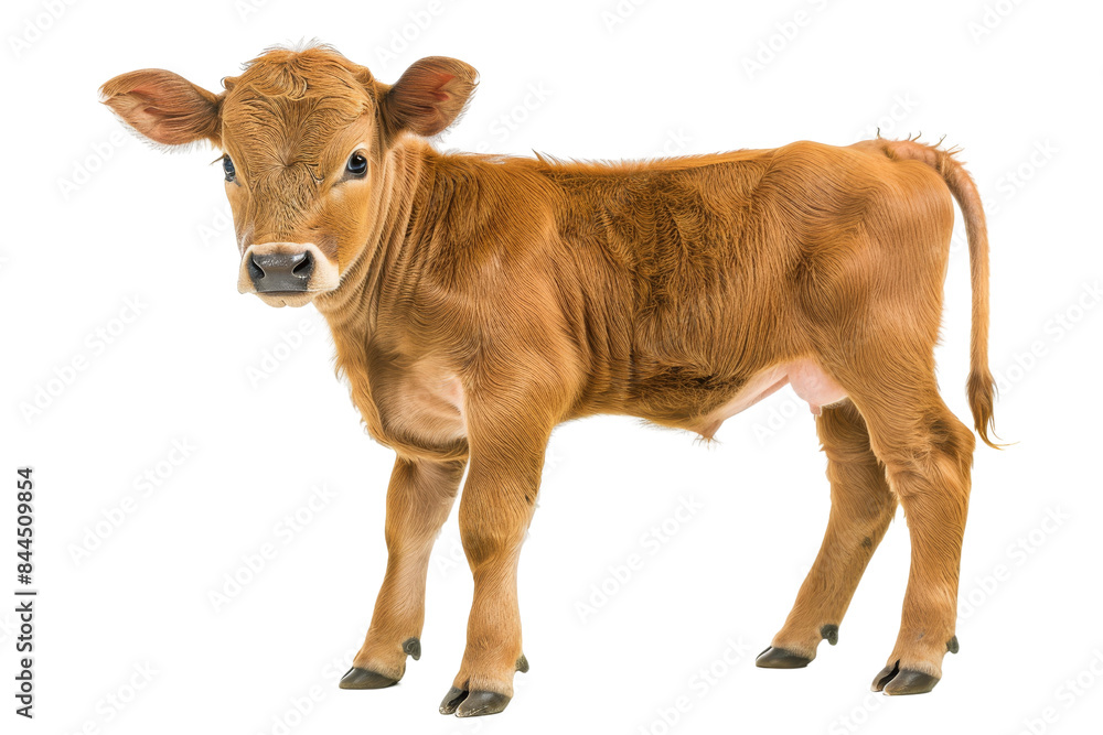 Adorable young brown calf standing and facing forward, isolated on a white background, highlighting its curious and innocent expression. Adorable young brown calf standing and facing forward, isolated on a white background, highlighting its curious and innocent expression.
