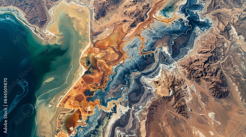 Fototapeta premium Elton Lake, found in Russia's Volgograd Oblast, is a vast salt lake with various minerals. From above, the lake's parched soil can be seen.