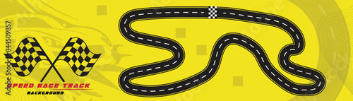 Creative vector illusion of race track isolated on yellow background. Speed race track background design with sport car.