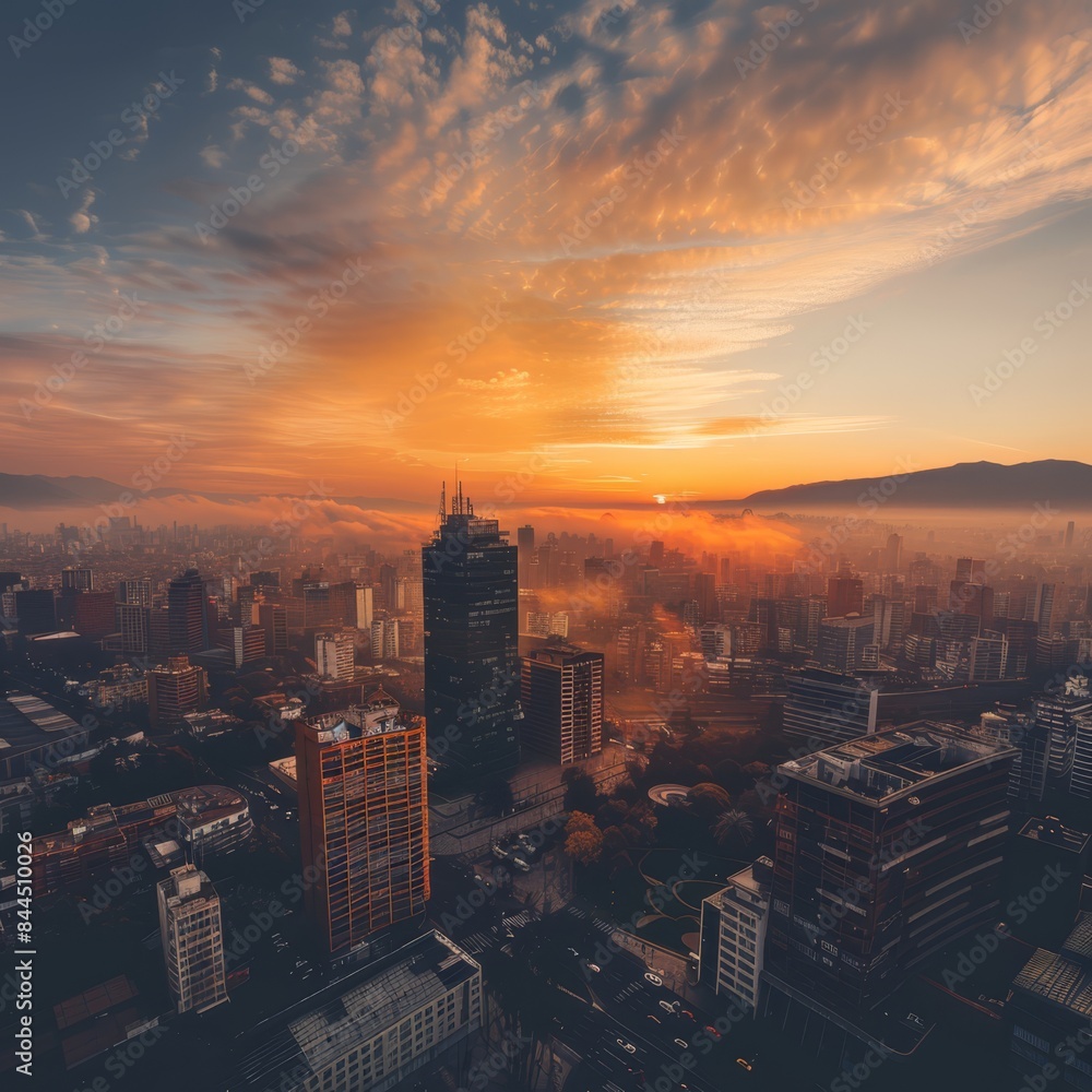 Fototapeta premium a city skyline with a beautiful sunrise