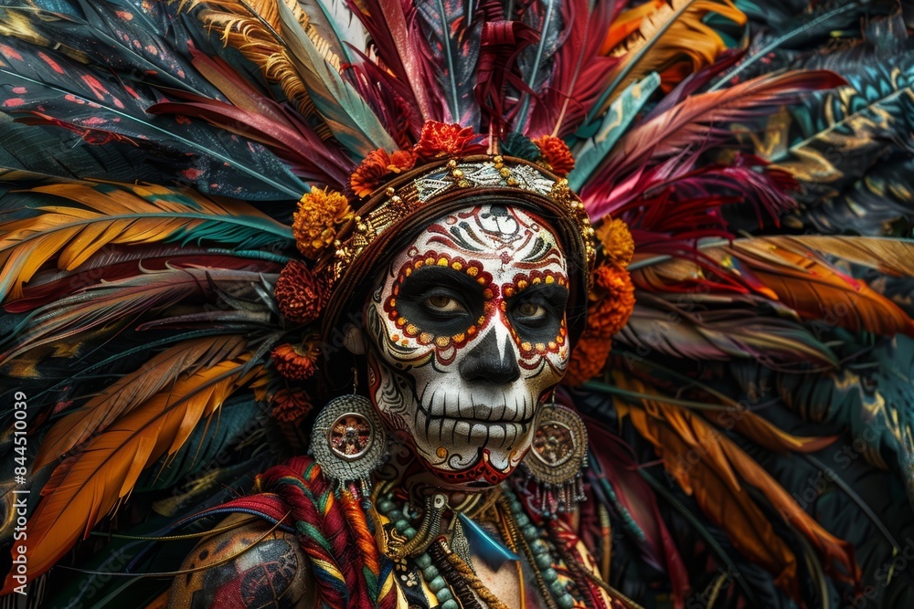 a woman with a colorful headdress and makeup