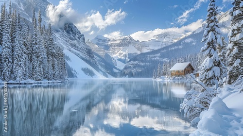 Emerald Lake's stunning winter scene features snow-capped mountains and a cozy lodge in the pine forest. Located in Yoho National Park, British Columbia, Canada. © Suleyman