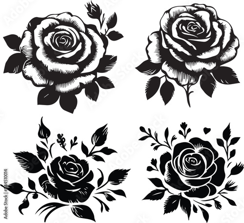 Black and White Rose Design - Detailed Floral Illustration with Leaves Elegant Botanical Art, Black Silhouette Rose.