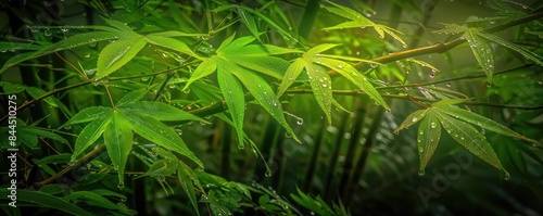 Close-up of fresh green bamboo leaves with water droplets. Ideal for nature, zen gardens, and botanical projects.