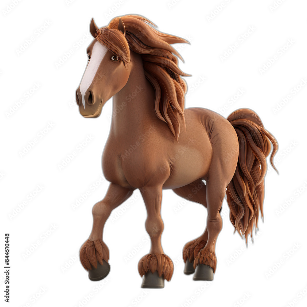 Obraz premium An animated 3D horse with a flowing mane and tail, standing on a white background