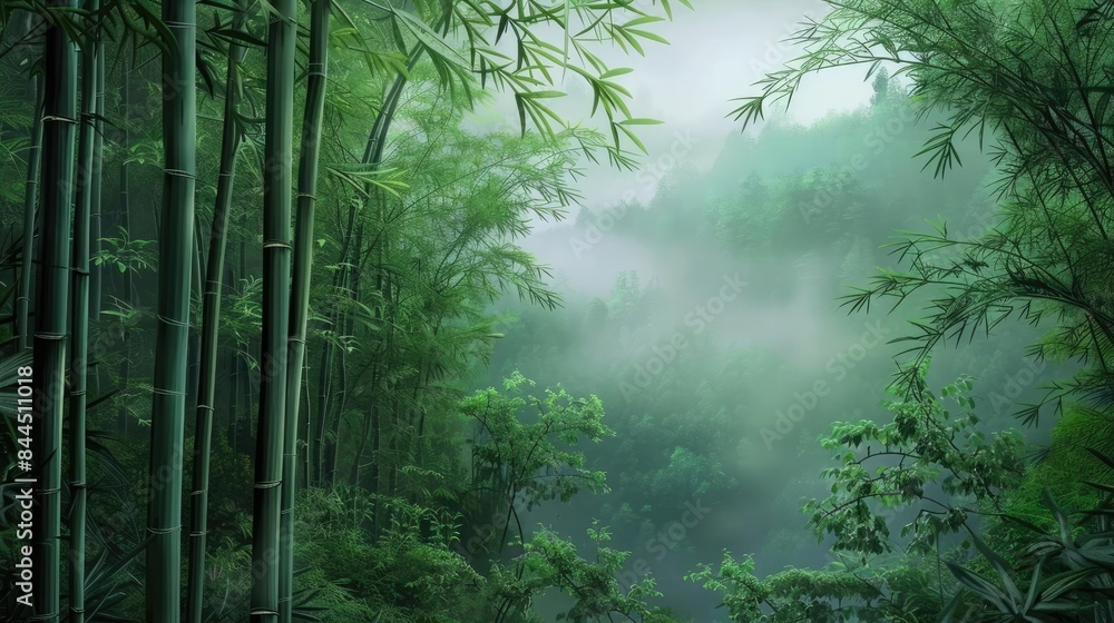 Obraz premium Lush green bamboo forest shrouded in mist, conveying a sense of tranquility and natural beauty. Perfect for nature and meditation themes.