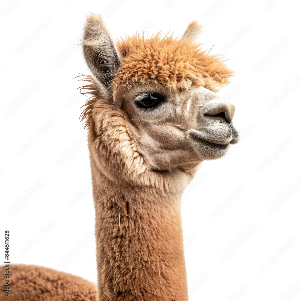 Fototapeta premium An alpaca with soft fur and expressive eyes, isolated on transparent background, perfect for farm animal-themed projects.