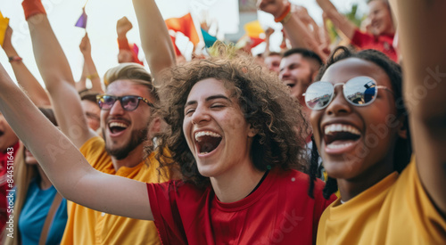 A group of friends cheering and celebrating at a college football game