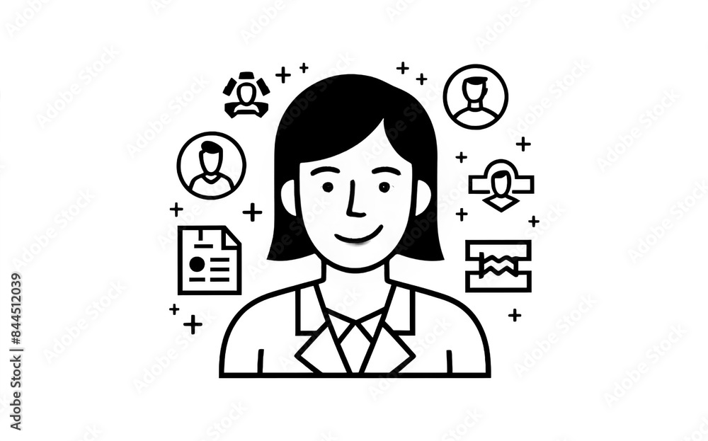 A woman holding a business card with various icons surrounding her, representing her professional identity. A woman holding a business card with various icons surrounding her, representing her professional identity.
