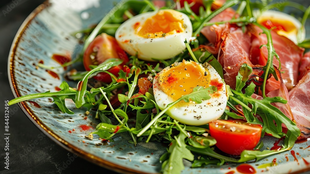 Fresh, crisp green salad with salty, cured ham, soft egg, peppery arugula and juicy tomato on a plain background. Fresh, crisp green salad with salty, cured ham, soft egg, peppery arugula and juicy tomato on a plain background.