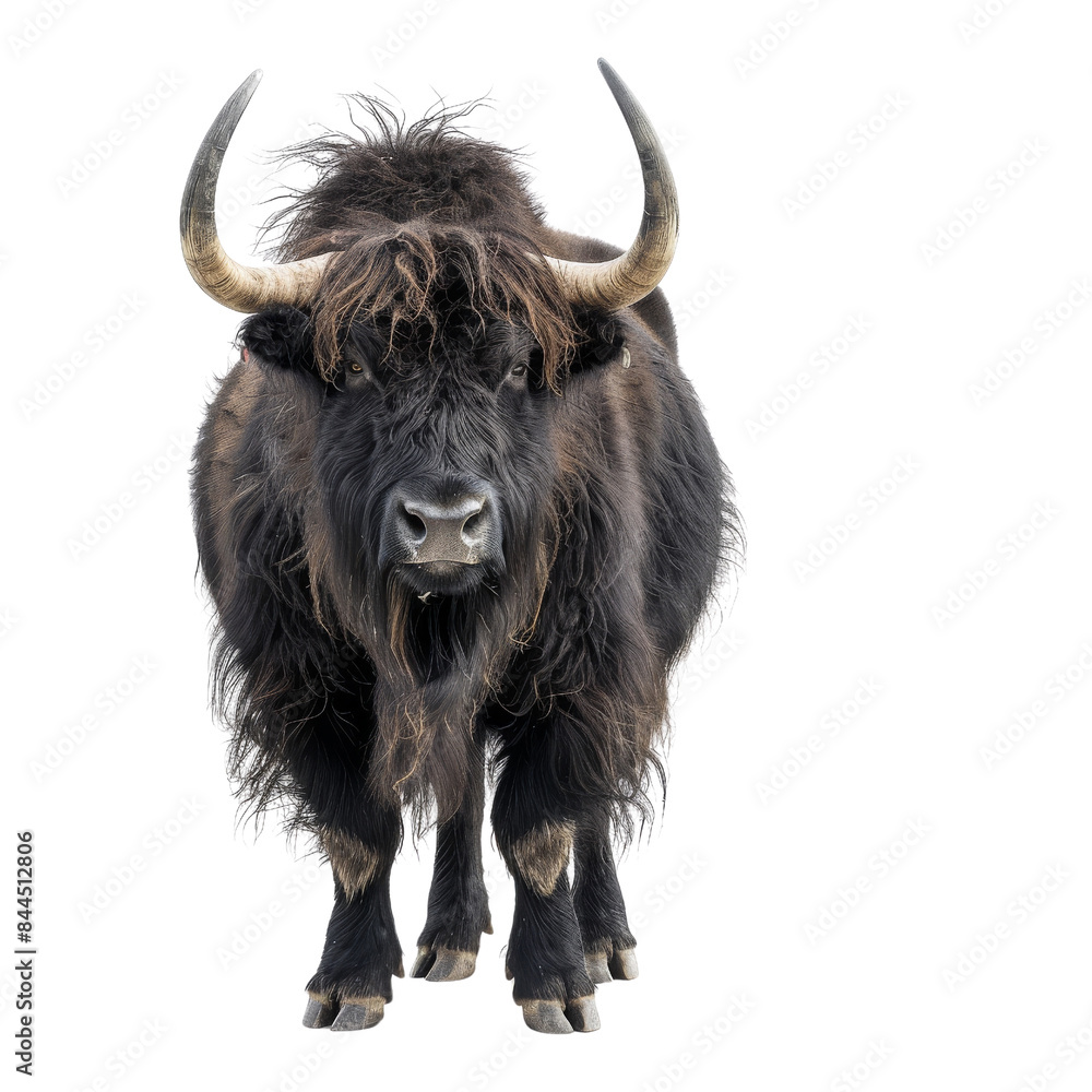 Majestic black yak standing against white background, showcasing thick fur and prominent horns in a powerful pose. Majestic black yak standing against white background, showcasing thick fur and prominent horns in a powerful pose.