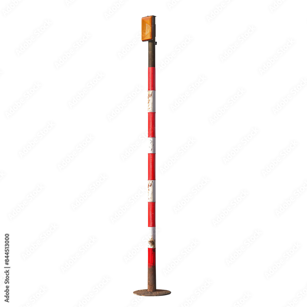 Vertical red and white striped barrier post with an orange reflector on top, used for road safety and traffic control. Vertical red and white striped barrier post with an orange reflector on top, used for road safety and traffic control.
