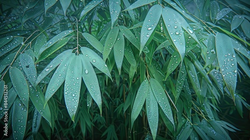 Close-up of bamboo leaves with dew drops, showcasing the beauty of nature and greenery, perfect for botanical and outdoor themes.