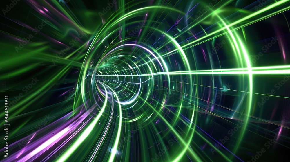 Fototapeta premium Enveloping abstract background with elliptical green and purple light trails
