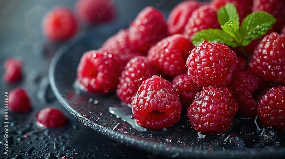 Close-up photo of a plate of raspberries featuring a leaf on top of one of the berries Close-up photo of a plate of raspberries featuring a leaf on top of one of the berries