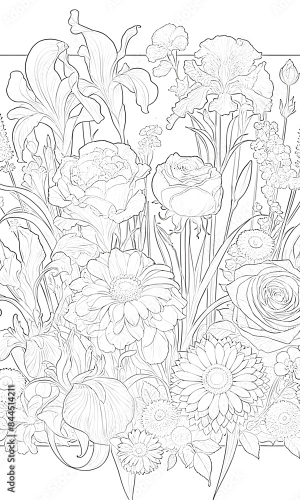 Fototapeta premium バラやスミレ 色とりどりの花 塗り絵（上級）