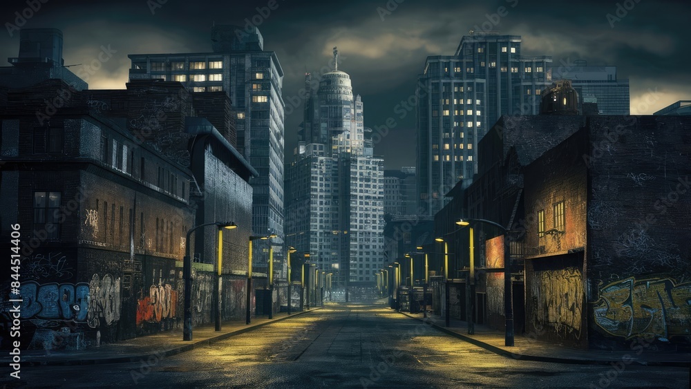 the old historical buildings and houses in a fog at night. Street lights the old historical buildings and houses in a fog at night. Street lights