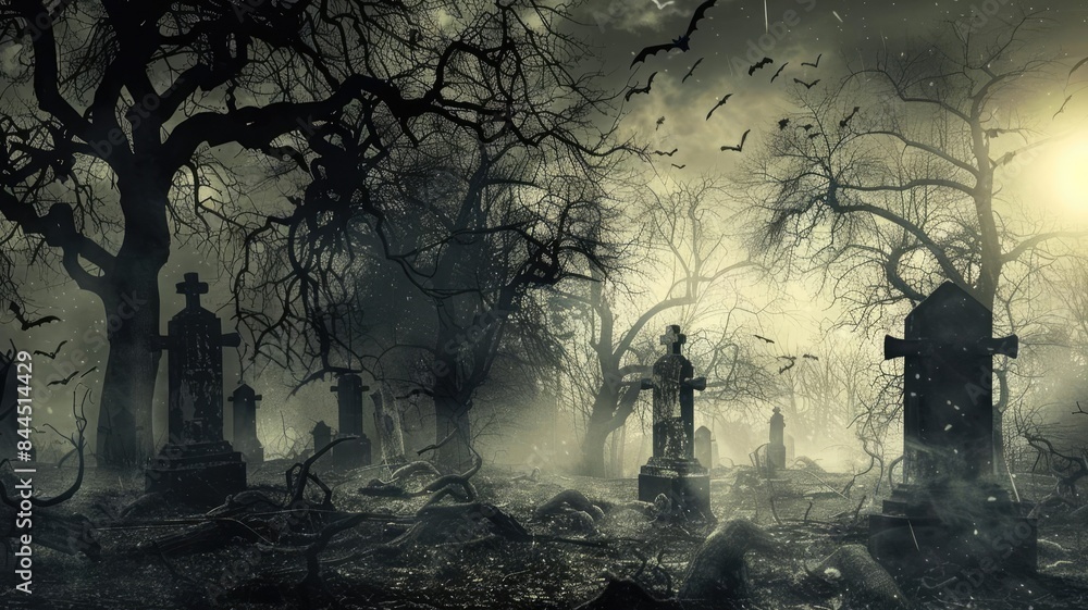 Eerie graveyard at night with tombstones and barren trees shrouded in mist, under a full moon. Spooky atmosphere perfect for Halloween themes. Eerie graveyard at night with tombstones and barren trees shrouded in mist, under a full moon. Spooky atmosphere perfect for Halloween themes.