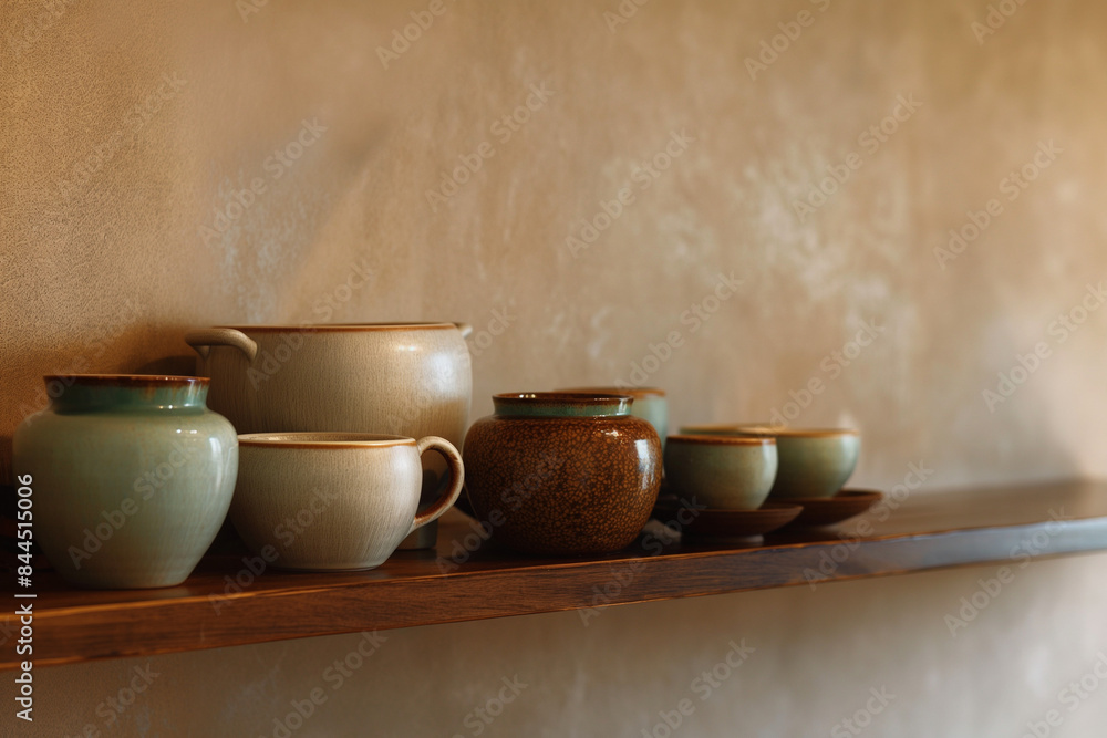 antique tea cup, A set of ceramic pots and cups neatly arranged on a wooden shelf. antique tea cup, A set of ceramic pots and cups neatly arranged on a wooden shelf.