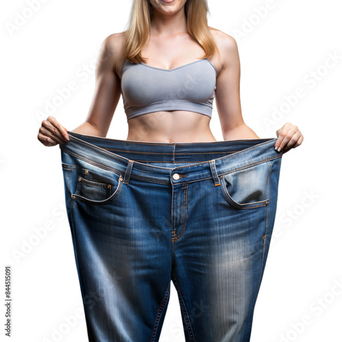 Woman showing weight loss success with oversized jeans photo