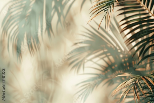 A close-up view of lush green palm fronds bathed in soft  warm sunlight  casting delicate shadows on a blurred background